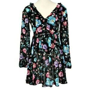 Mini Dress Long Sleeve V-Neck & Back Back Zip Cottagecore Black Floral Sz Jrs 00